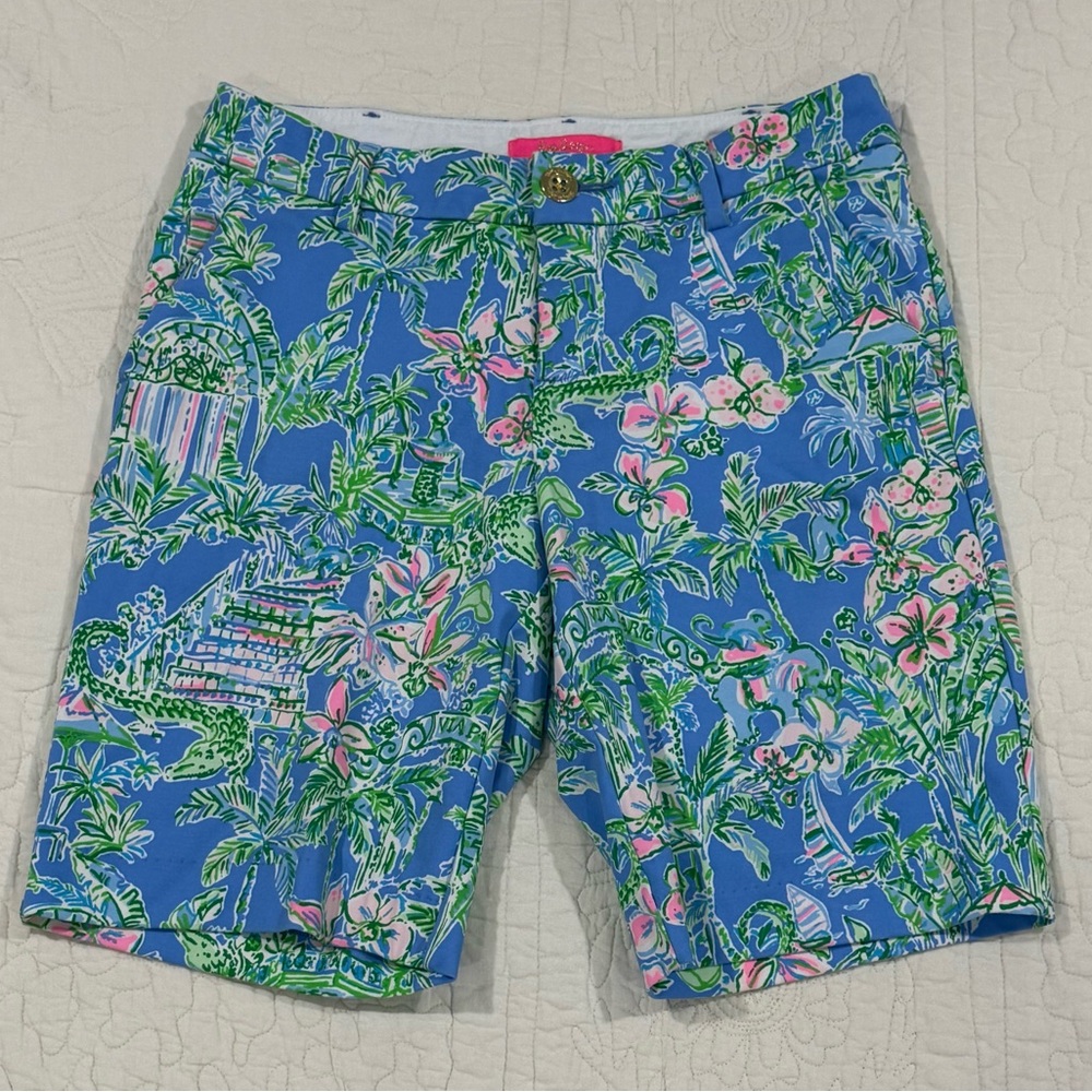 Lilly Pulitzer Womens Blue Tropical Floral Bermuda Shorts Size 0 stretch